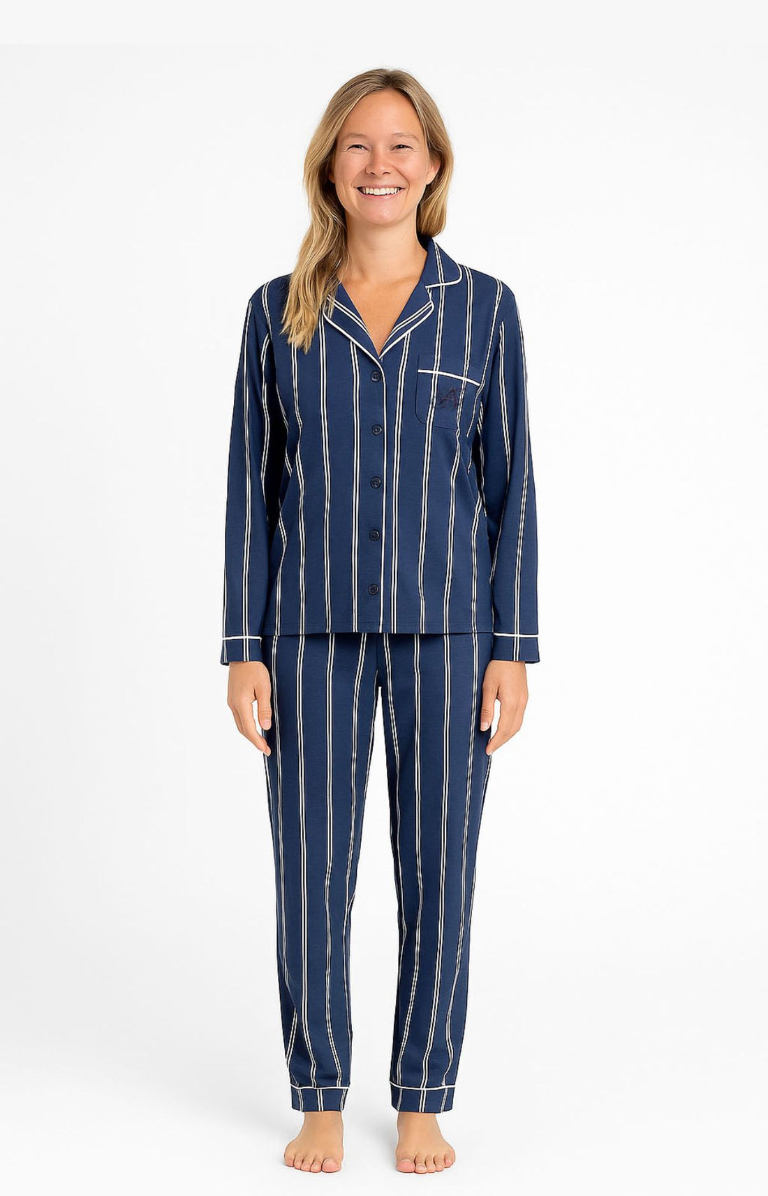 Pyjama boutonné rayé bleu marine et blanc Femme 1