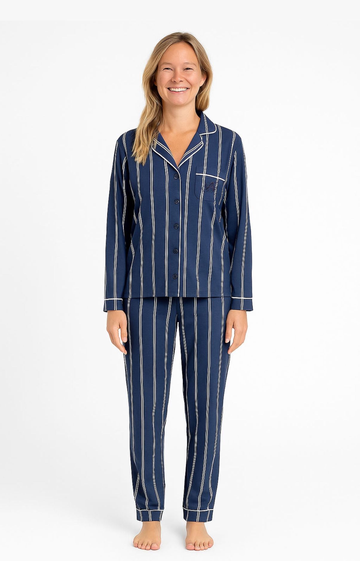 Pyjama boutonné rayé bleu marine et blanc Femme 1
