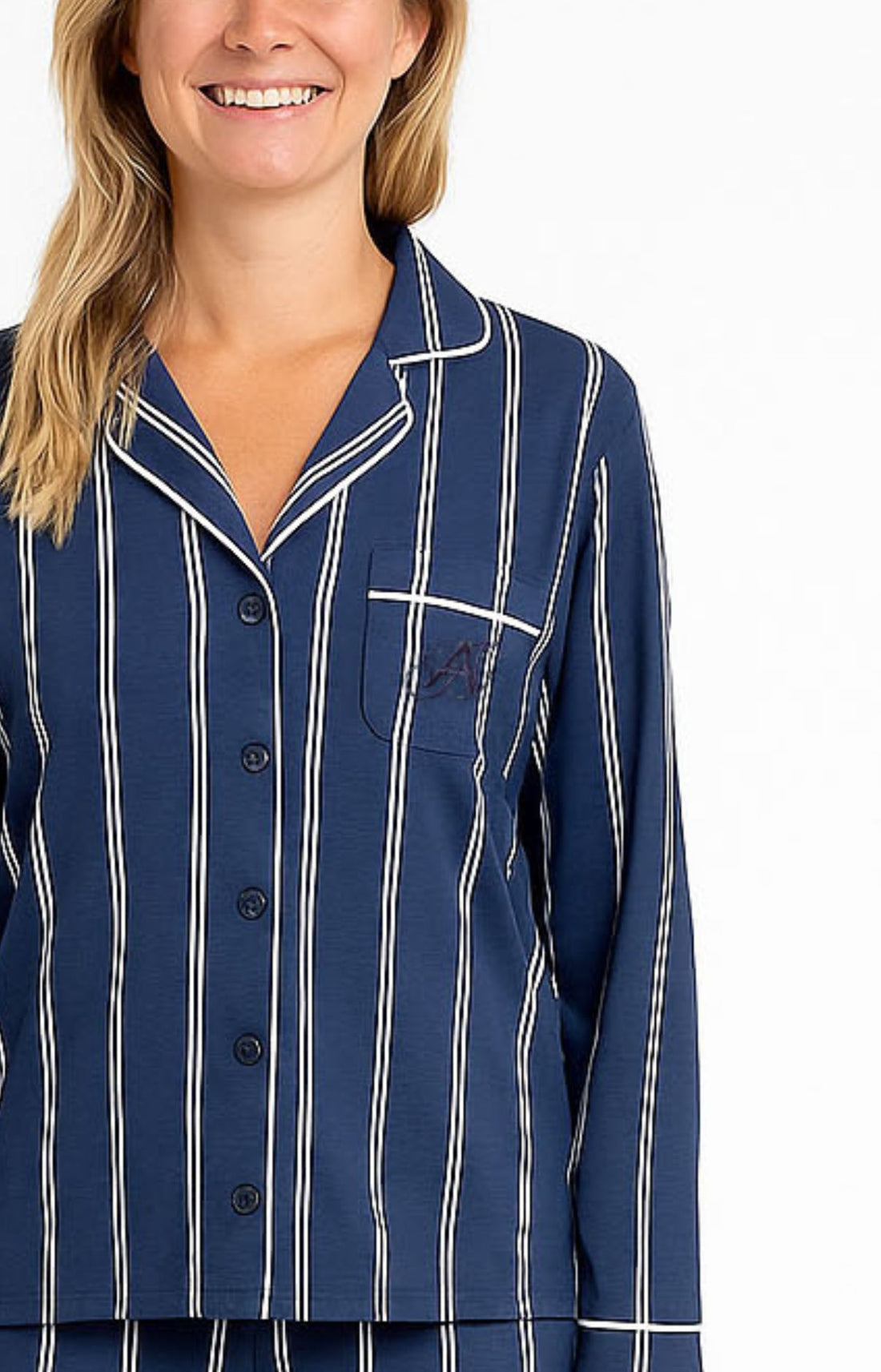 Pyjama boutonné rayé bleu marine et blanc Femme 2