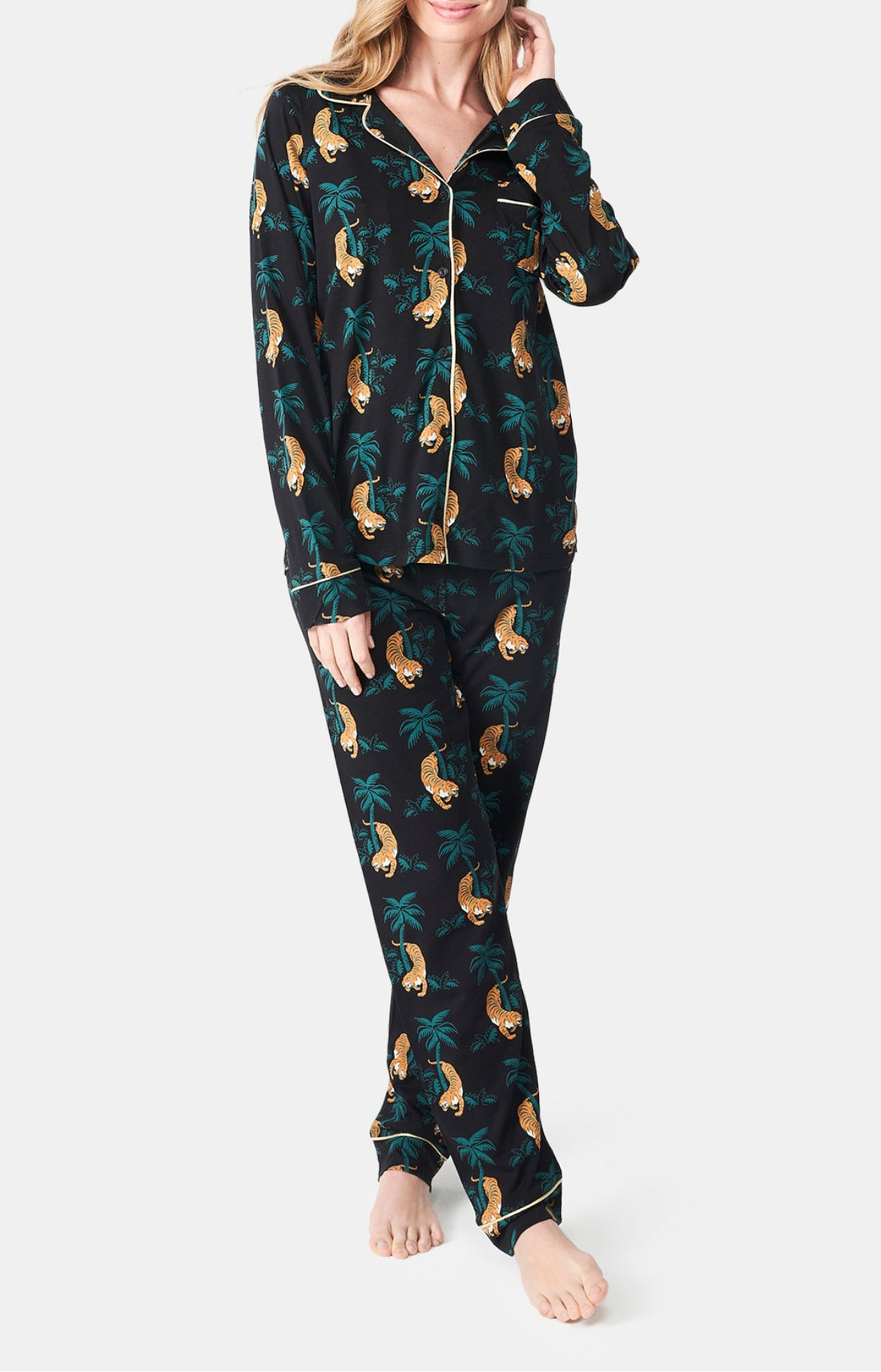 Pyjama long boutonné Femme Tigre Noir 1