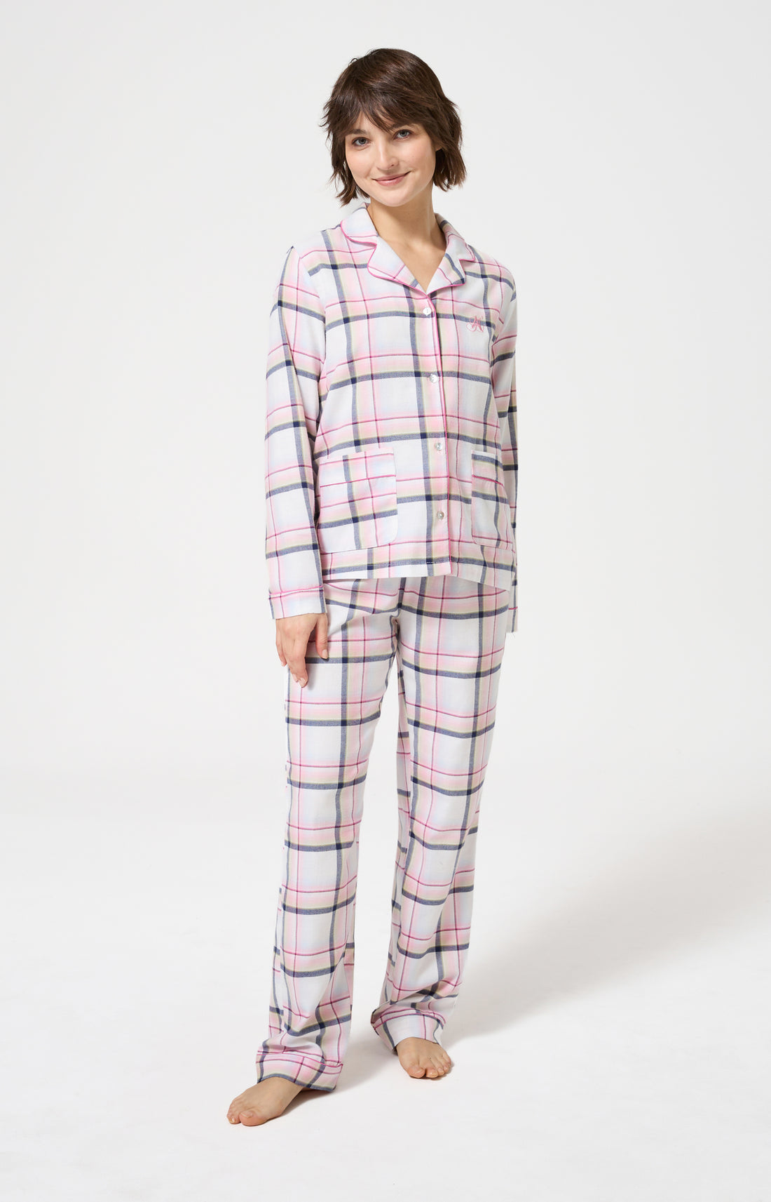 Pyjama chaud femme boutonné à carreaux rose 1