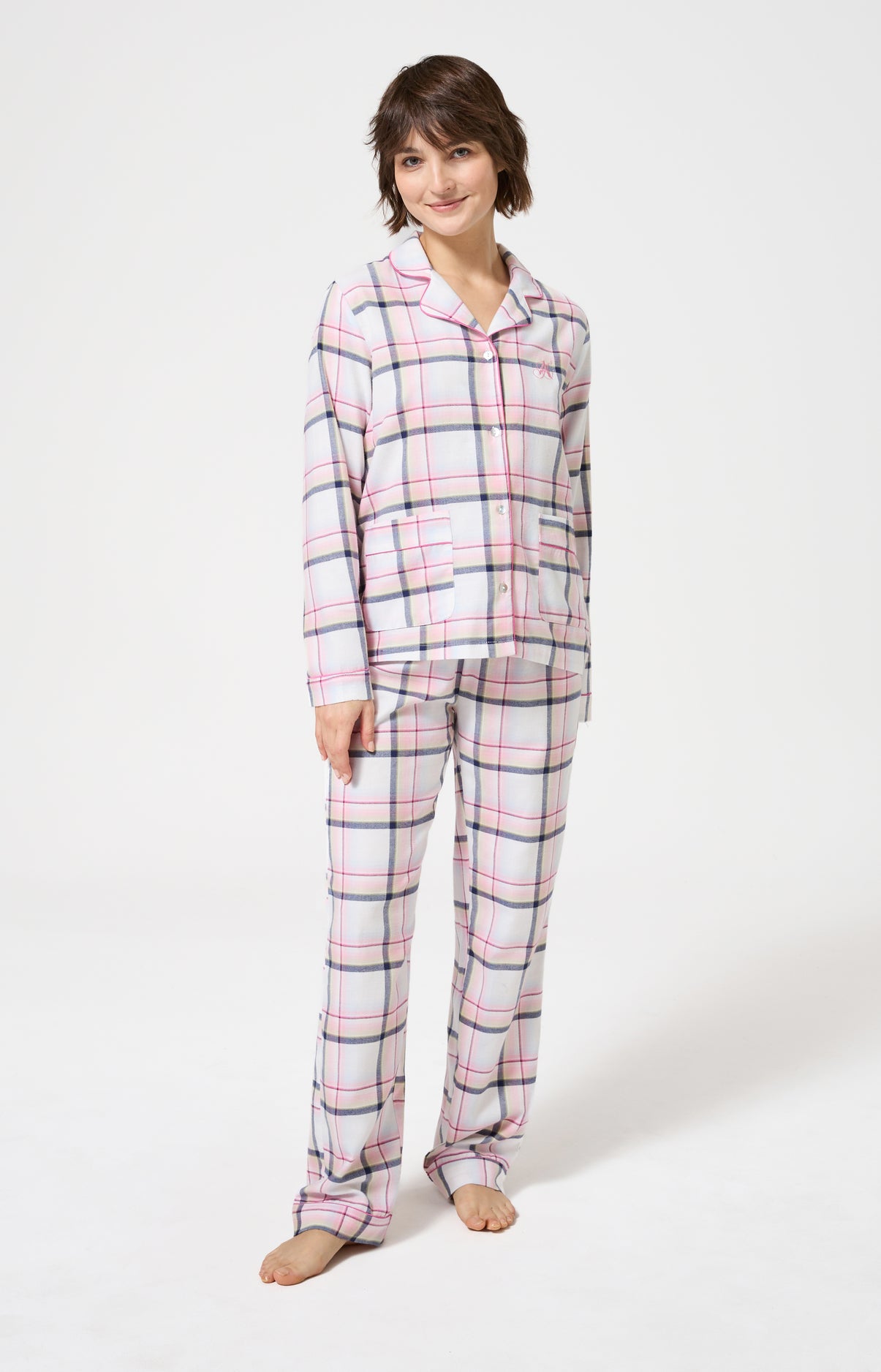 Pyjama chaud femme boutonné à carreaux rose 1
