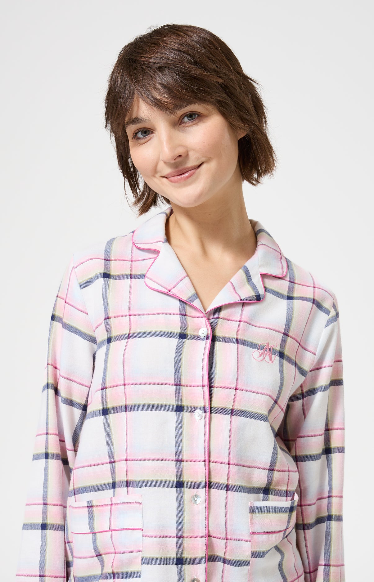 Pyjama chaud femme boutonné à carreaux rose 2