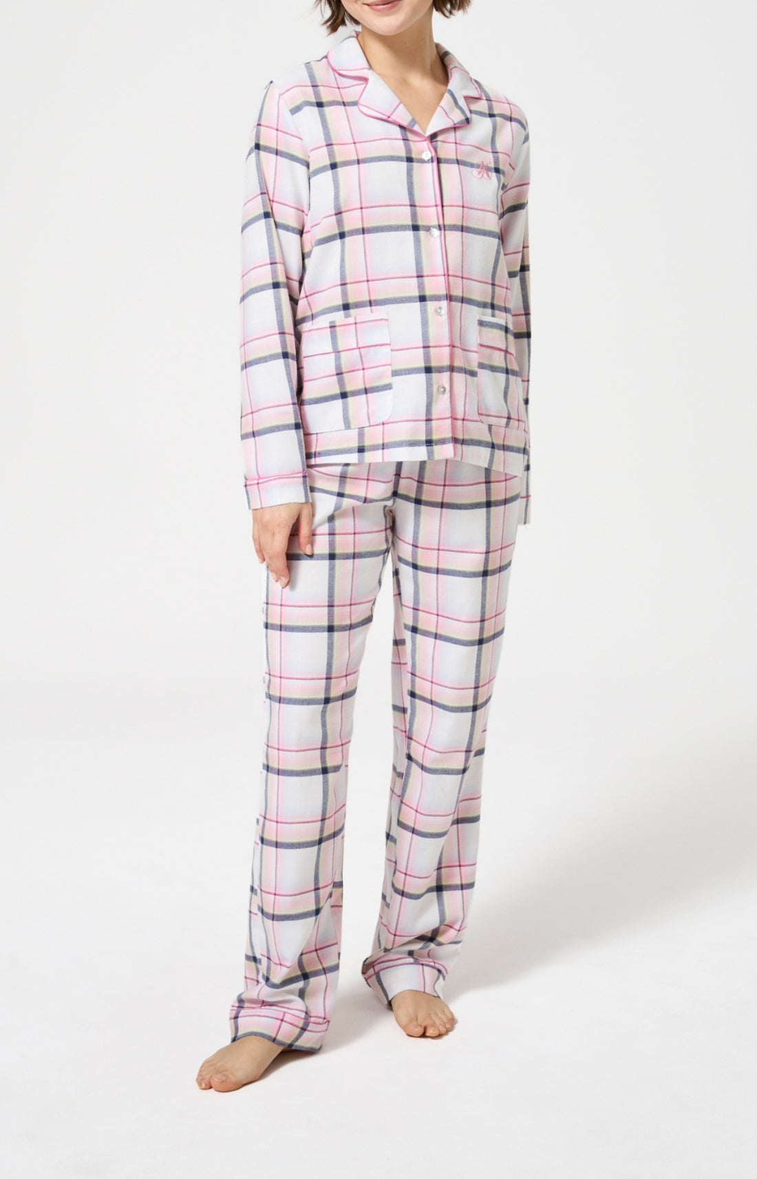 Pyjama chaud femme boutonné à carreaux rose 1