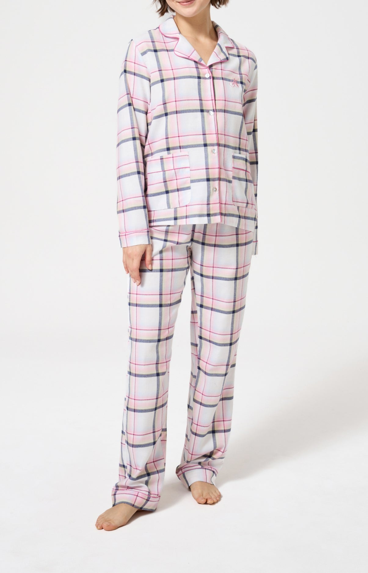 Pyjama chaud femme boutonné à carreaux rose 1