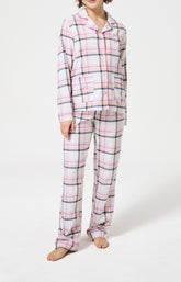 Pyjama chaud femme boutonné à carreaux rose 1