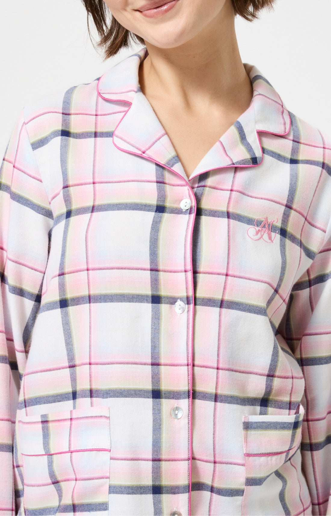 Pyjama chaud femme boutonné à carreaux rose 2