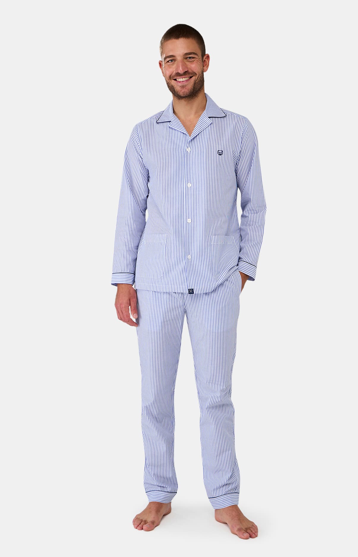 Pyjama long boutonné Homme Rayure Marine et Bleu 4