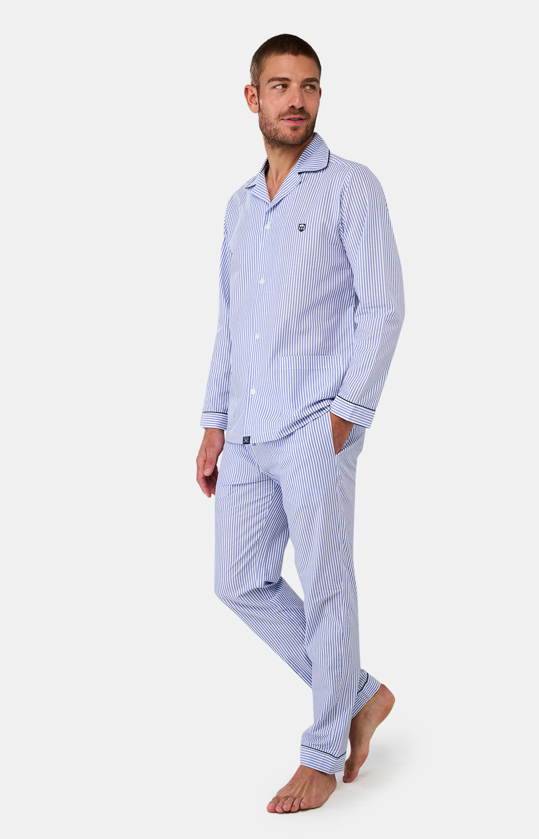 Pyjama long boutonné Homme Rayure Marine et Bleu 2