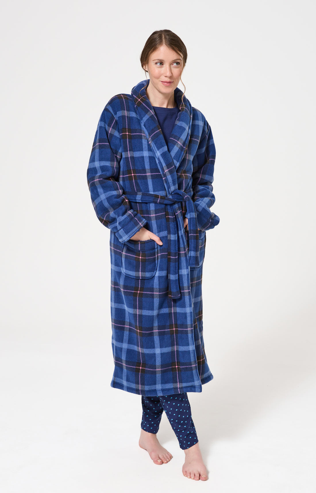 Robe de chambre polaire femme tartan marine et rose 1