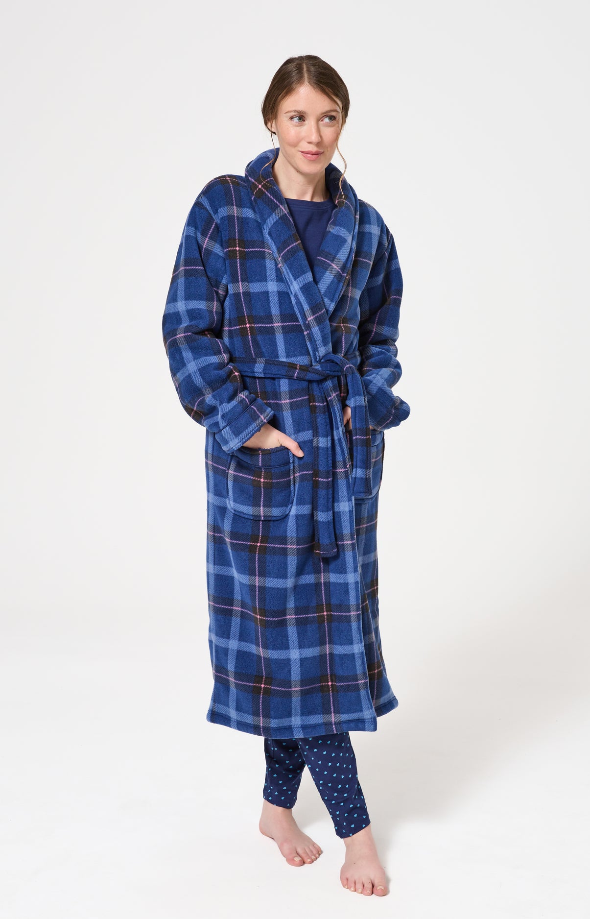 Robe de chambre polaire femme tartan marine et rose 1