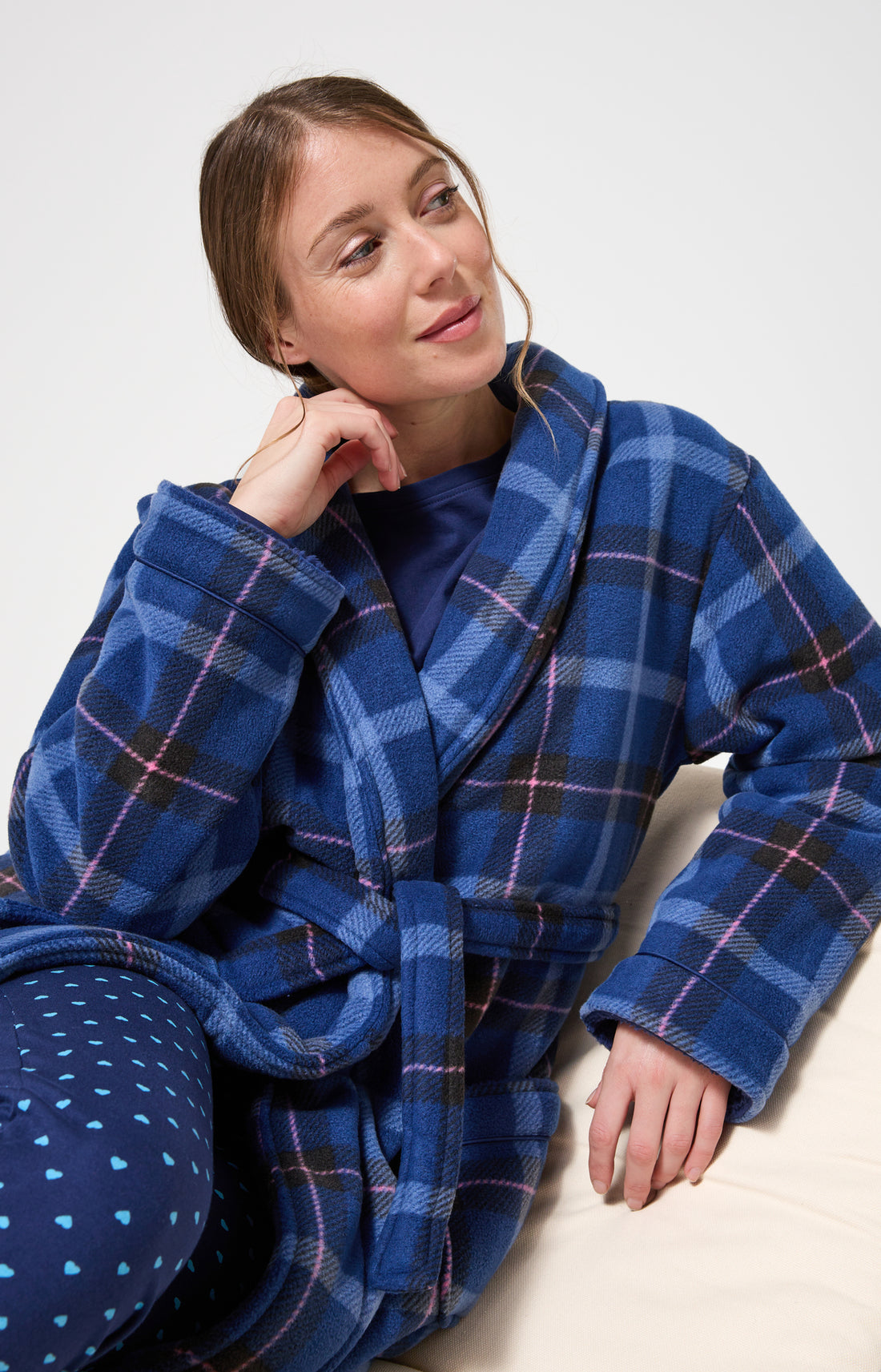 Robe de chambre polaire femme tartan marine et rose 2