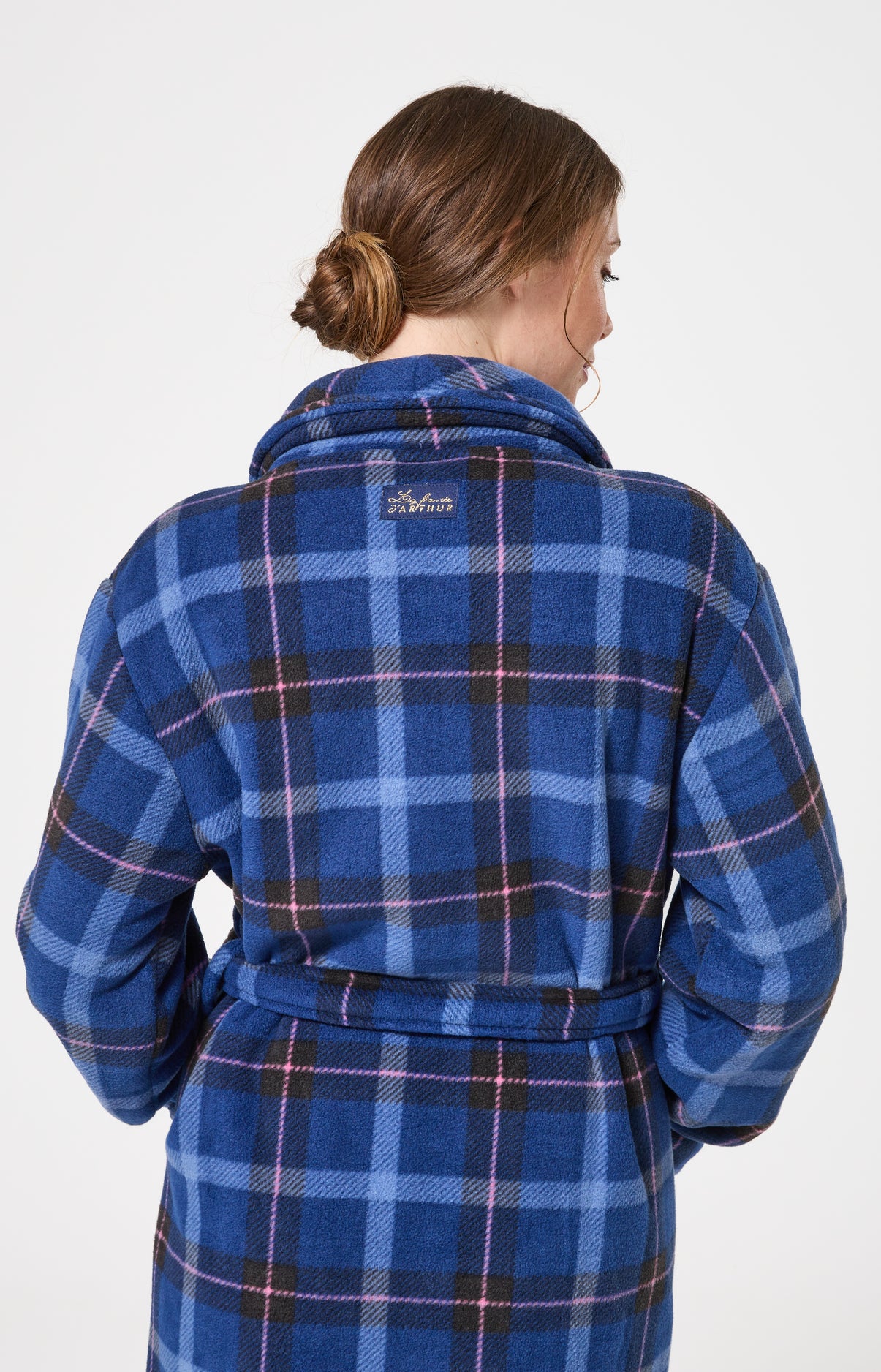 Robe de chambre polaire femme tartan marine et rose 4