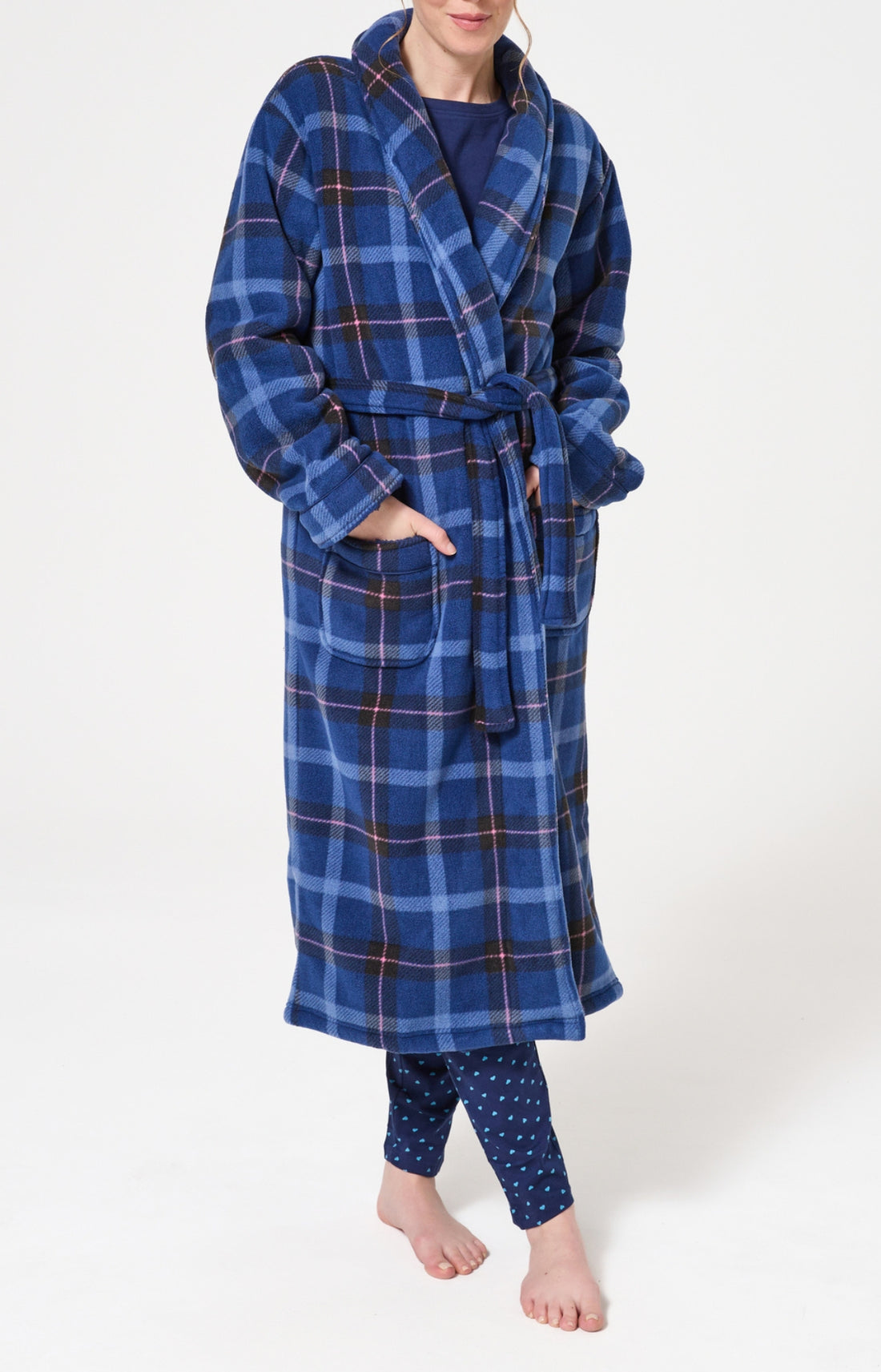 Robe de chambre polaire femme tartan marine et rose 1