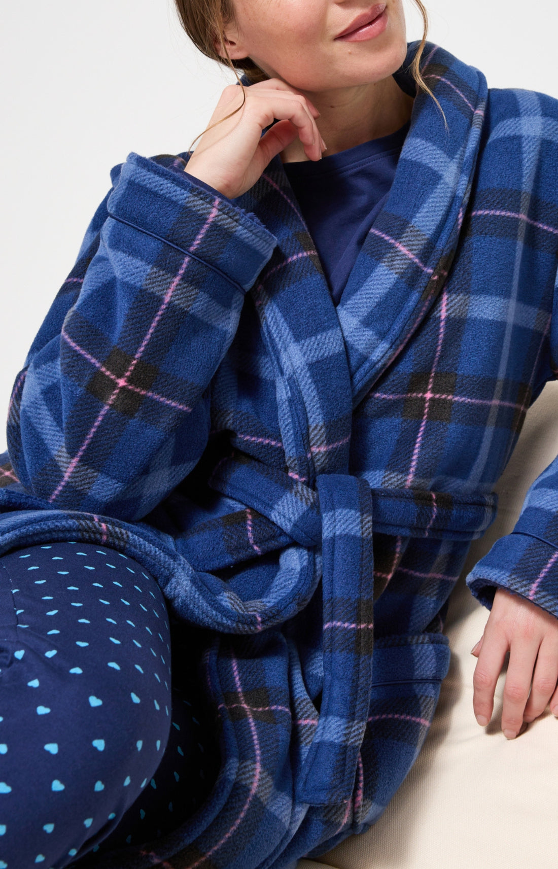 Robe de chambre polaire femme tartan marine et rose 2