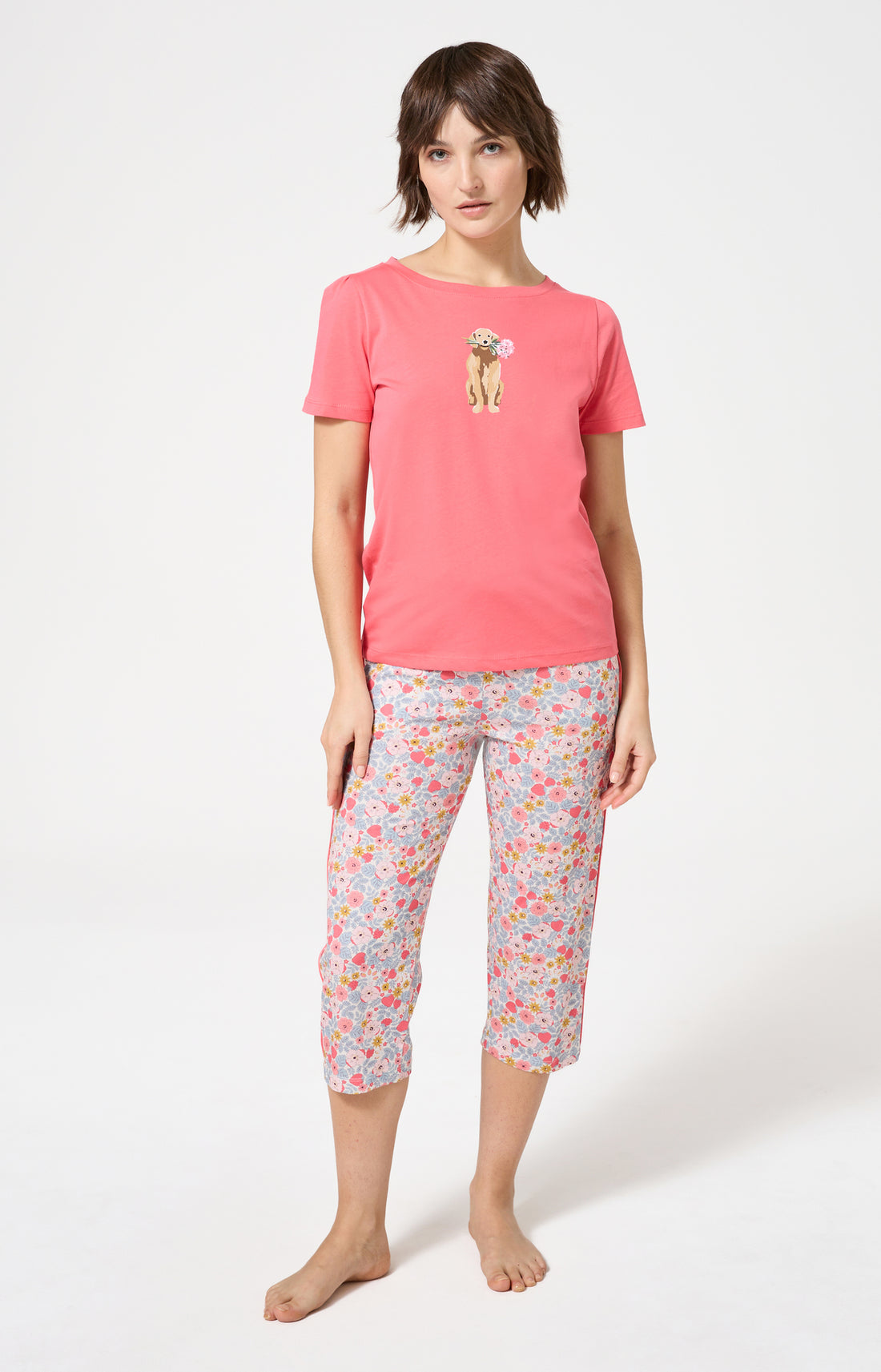 Pyjama Femme Nina Manches courtes Imprimé chien labrador avec fleurs 1