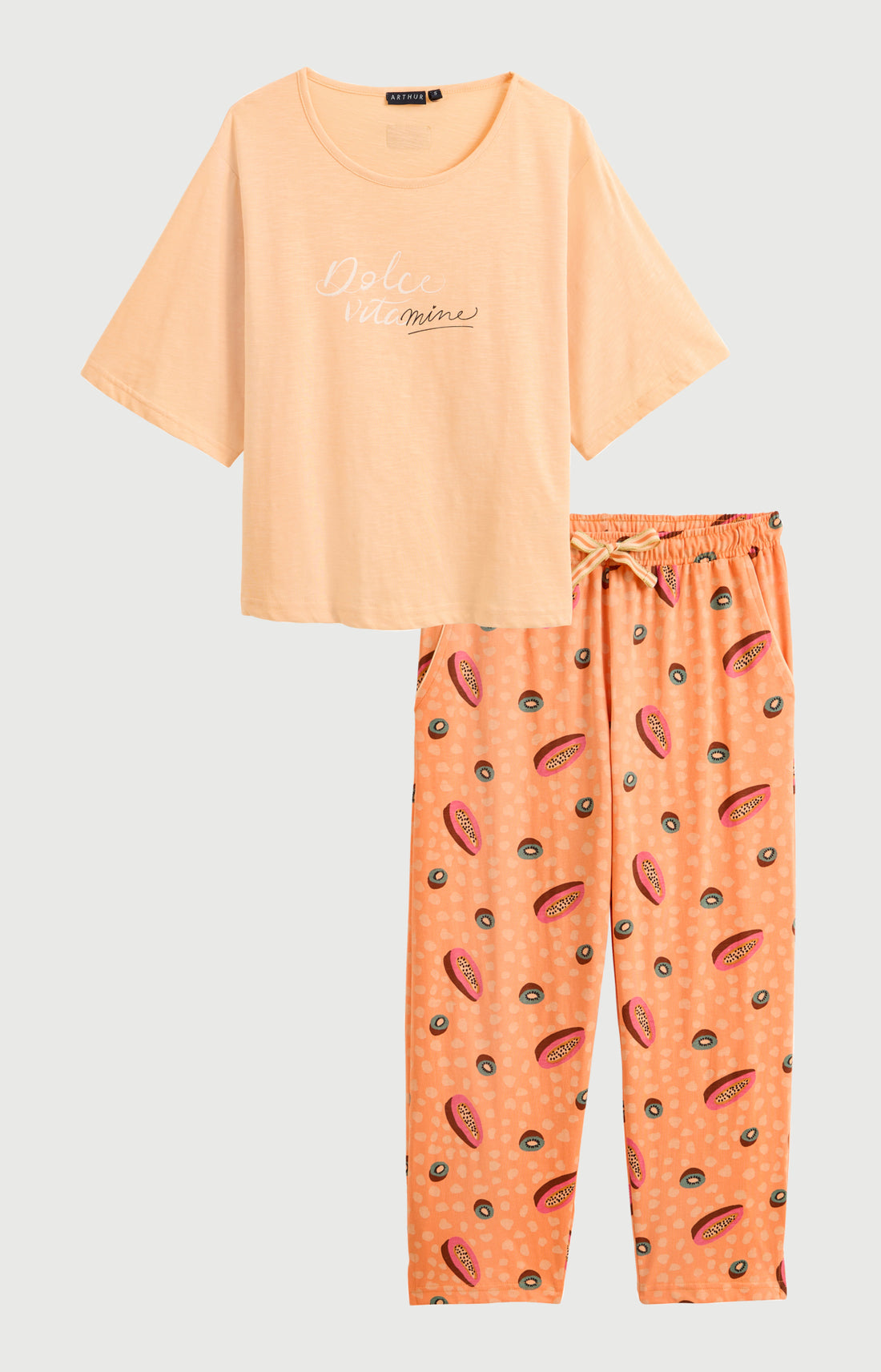 Pyjama Femme Dolce vitamines Manches courtes Imprimé papayes et kiwis oranges et verts 3