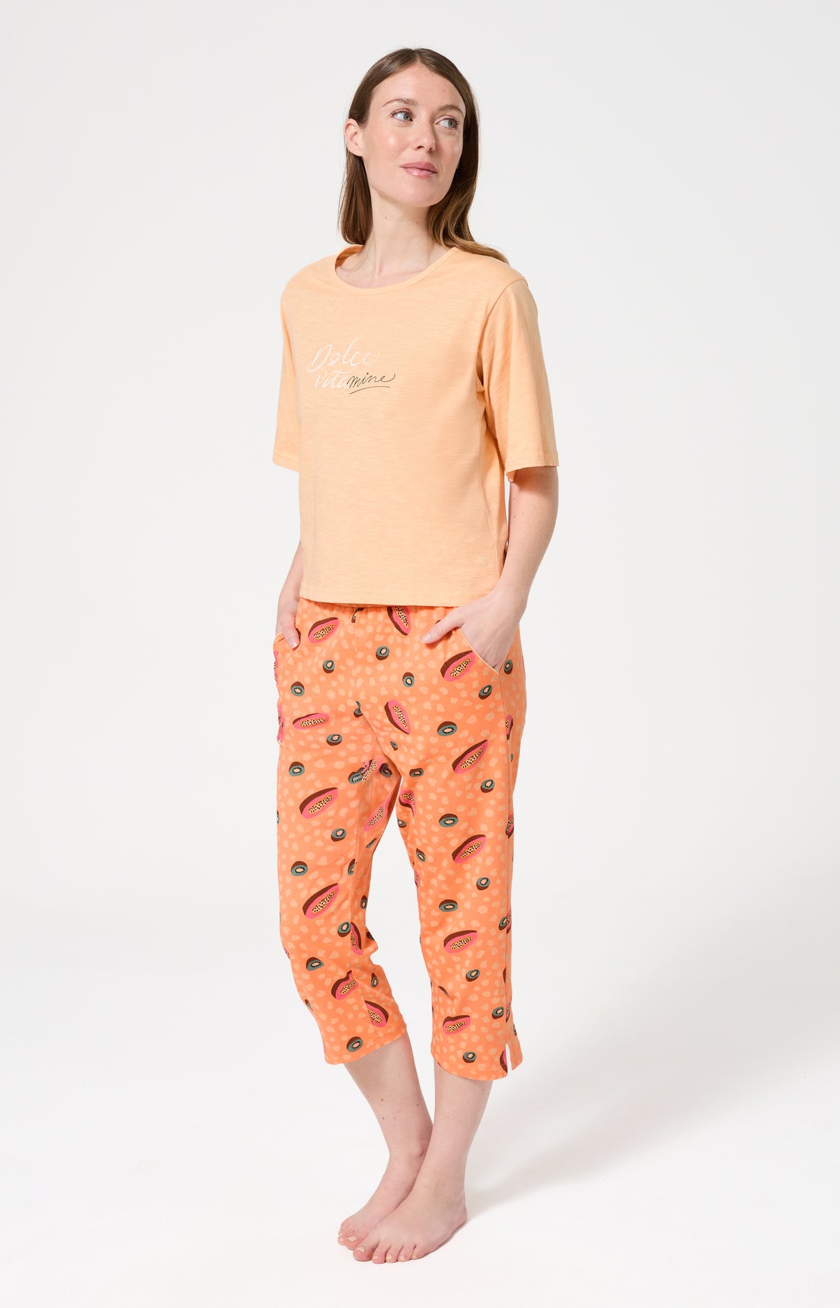 Pyjama Femme Dolce vitamines Manches courtes Imprimé papayes et kiwis oranges et verts 5