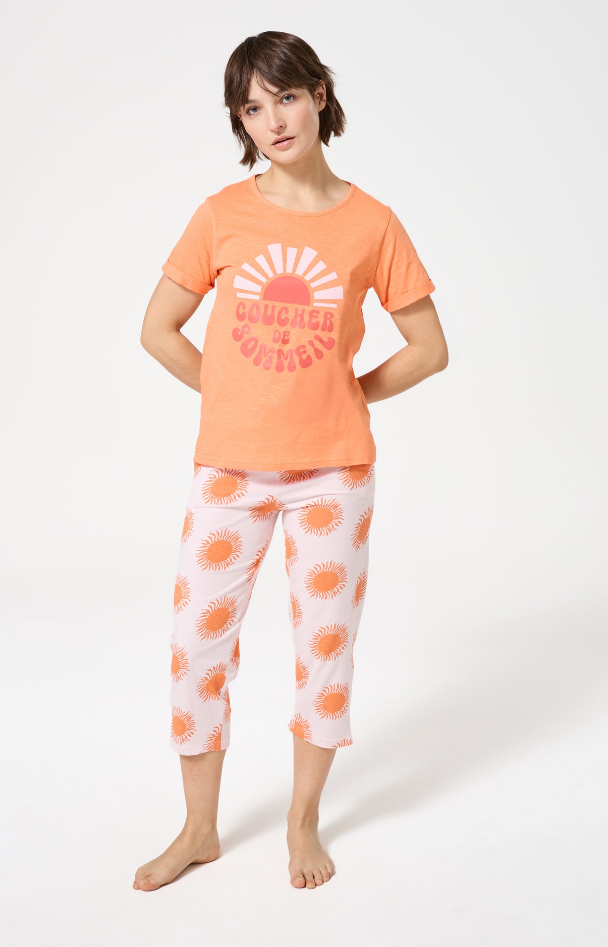 Pyjama Femme Coucher de sommeil Manches courtes Imprimé coucher de soleil orange 1