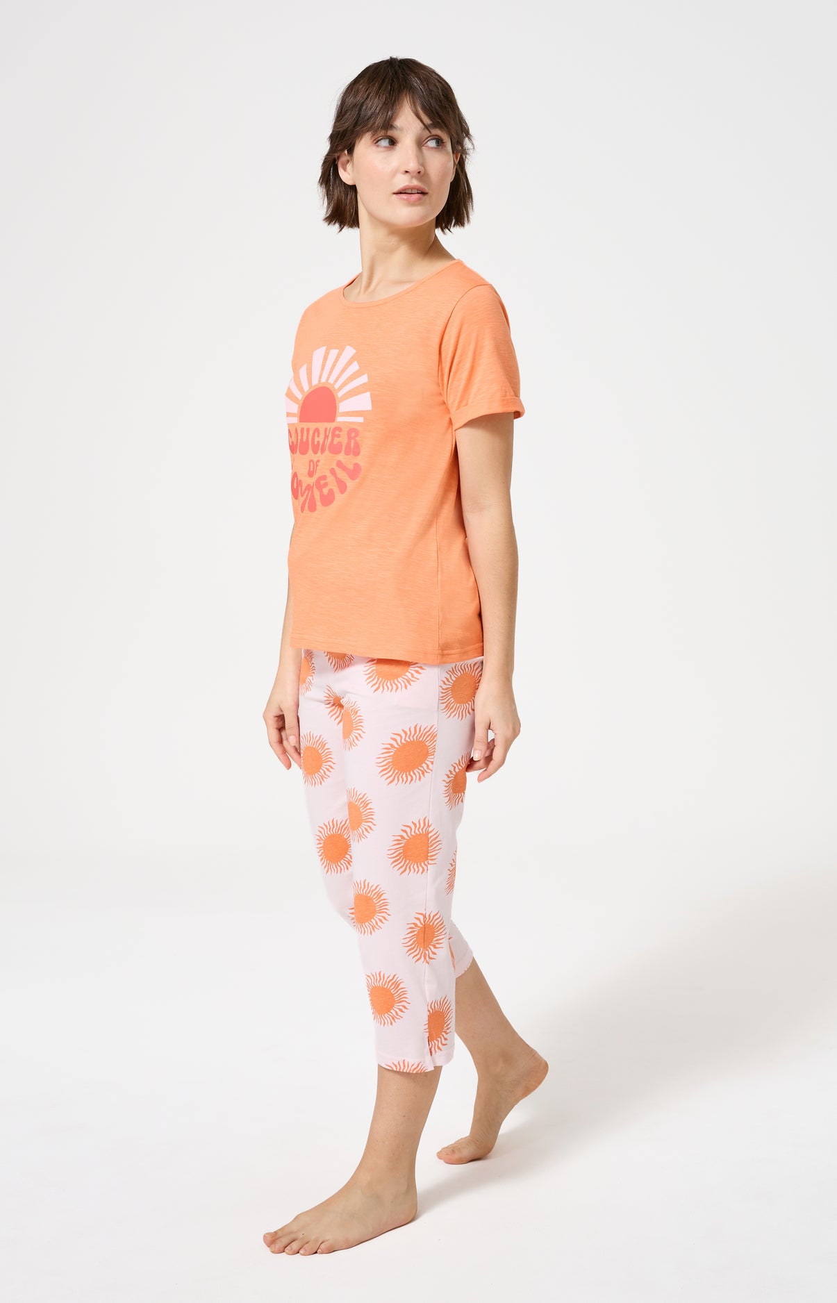Pyjama Femme Coucher de sommeil Manches courtes Imprimé coucher de soleil orange 5