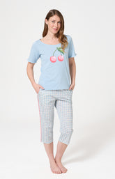Pyjama Femme Cherry Manches courtes Imprimé cerises roses et vertes 1