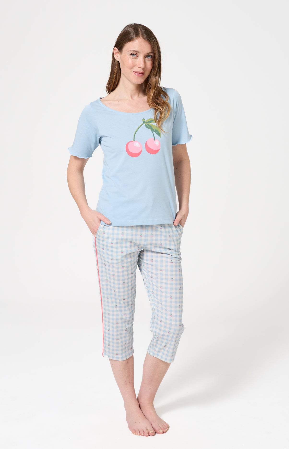 Pyjama Femme Cherry Manches courtes Imprimé cerises roses et vertes 1