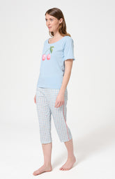 Pyjama Femme Cherry Manches courtes Imprimé cerises roses et vertes 5
