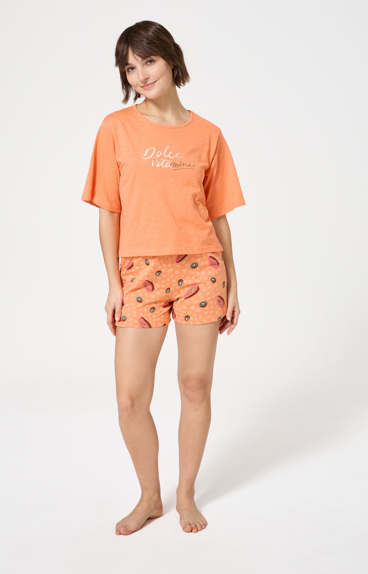 Pyjama Femme Dolce vitamines Manches courtes Imprimé papayes et kiwis oranges et verts 1