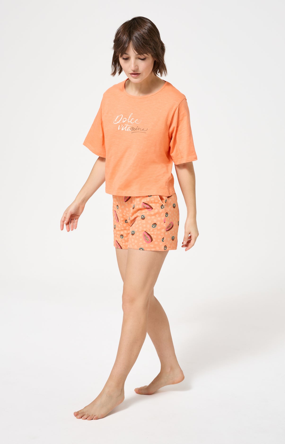 Pyjama Femme Dolce vitamines Manches courtes Imprimé papayes et kiwis oranges et verts 5