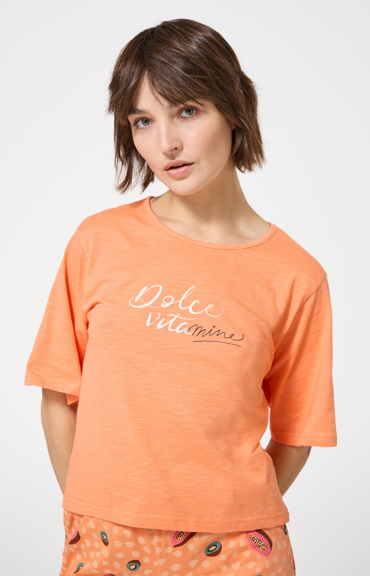 Pyjama Femme Dolce vitamines Manches courtes Imprimé papayes et kiwis oranges et verts 2
