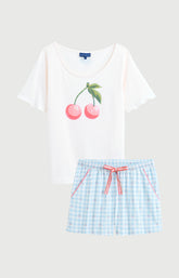 Pyjama Femme Cherry Manches courtes Imprimé cerises roses et vertes 3