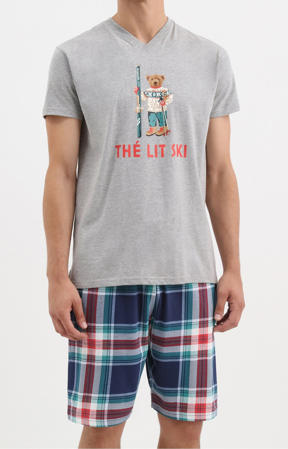 Pyjashort ski tartan gris et bleu homme 1