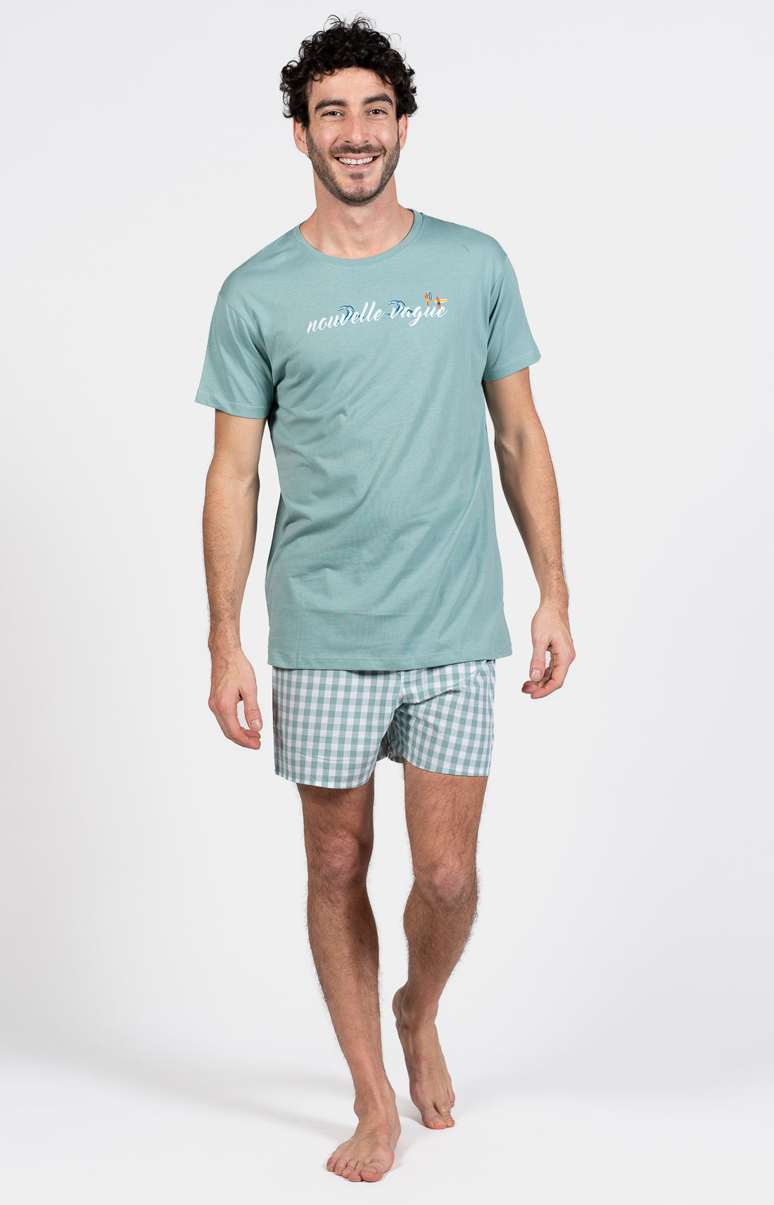 Pyjama court Pyjaméricain Homme Vichy Bleu et Vert 1