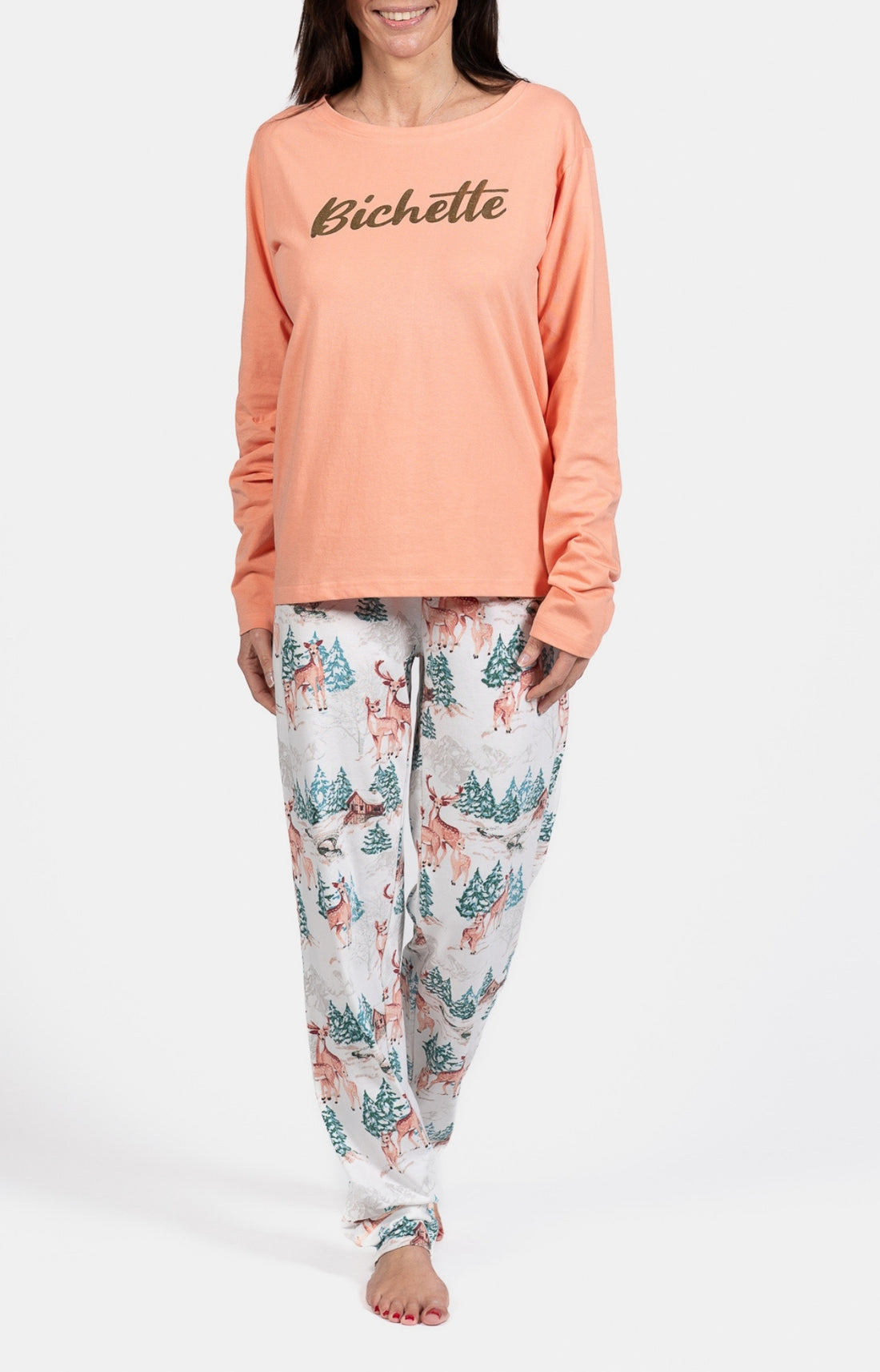 Pyjama long Femme Biche Blanc et Ivoire et Rose 1