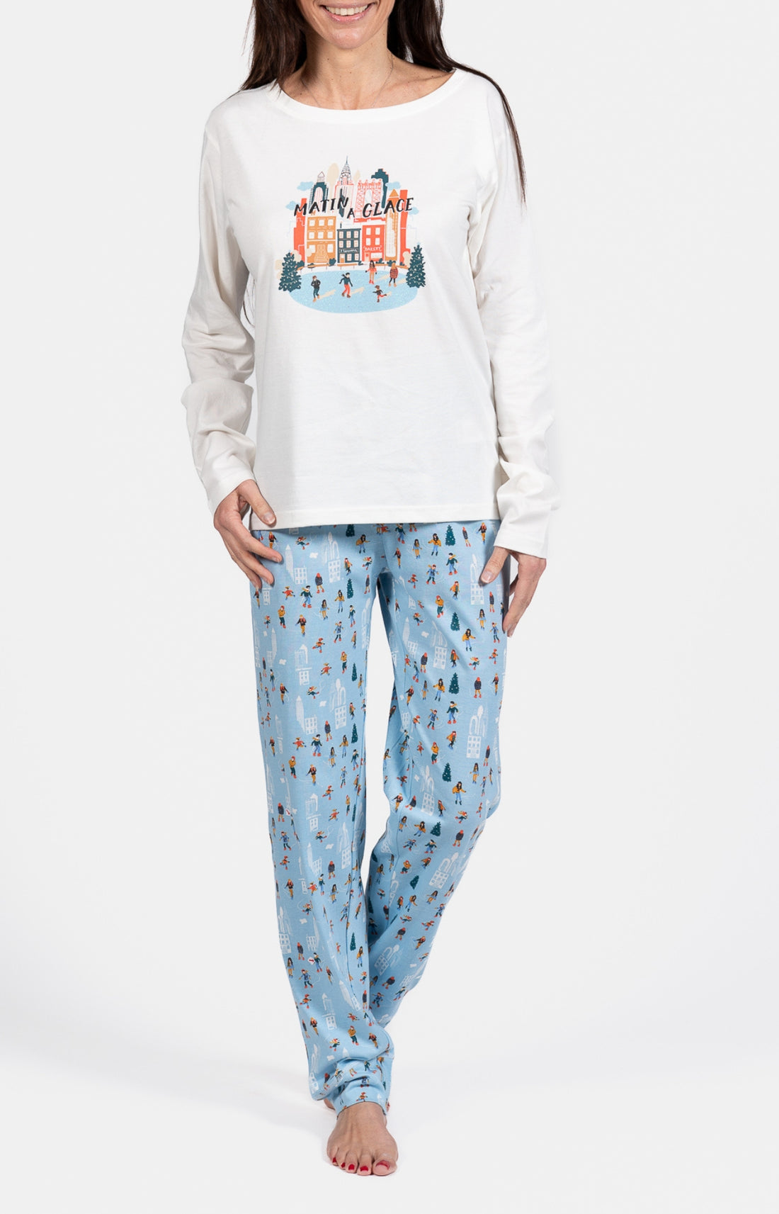 Pyjama long Femme Matin à glace Blanc et Ivoire et Bleu 1