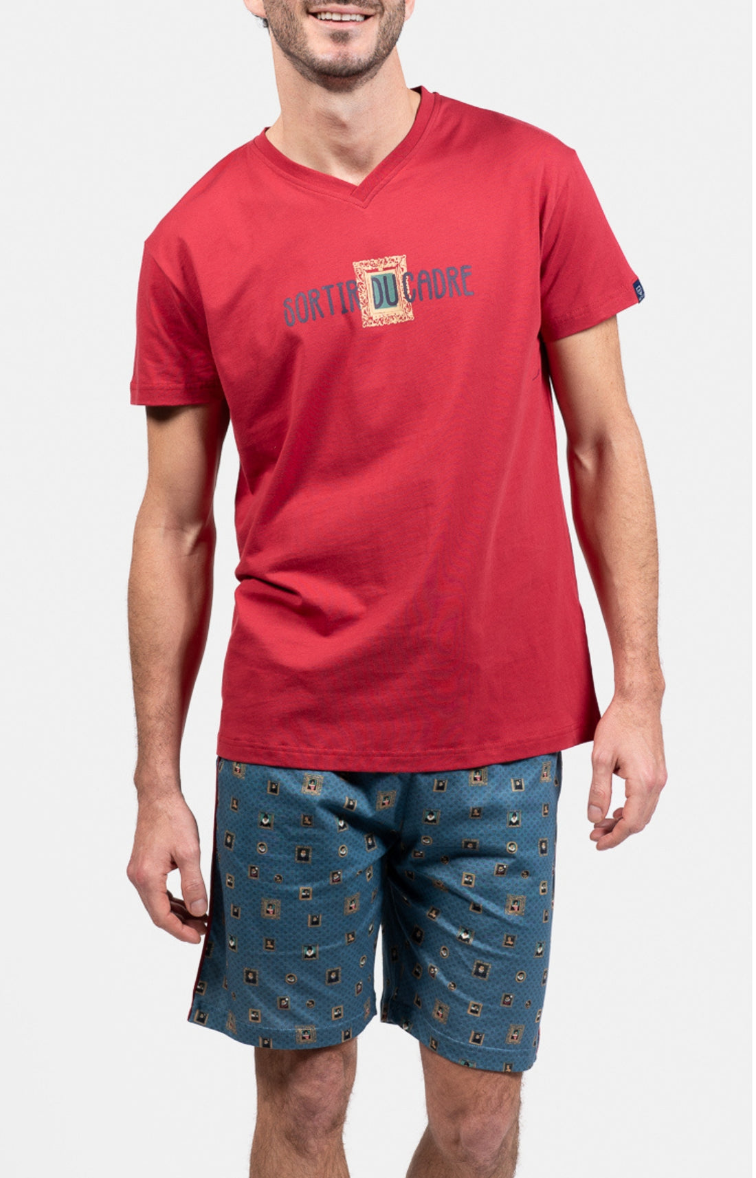 Pyjashort Homme Cadre Rouge et Bleu 1