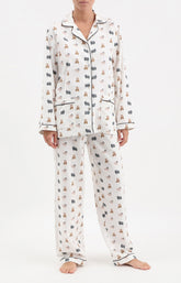 Pyjama long boutonné femme chien spitz blanc cassé 1