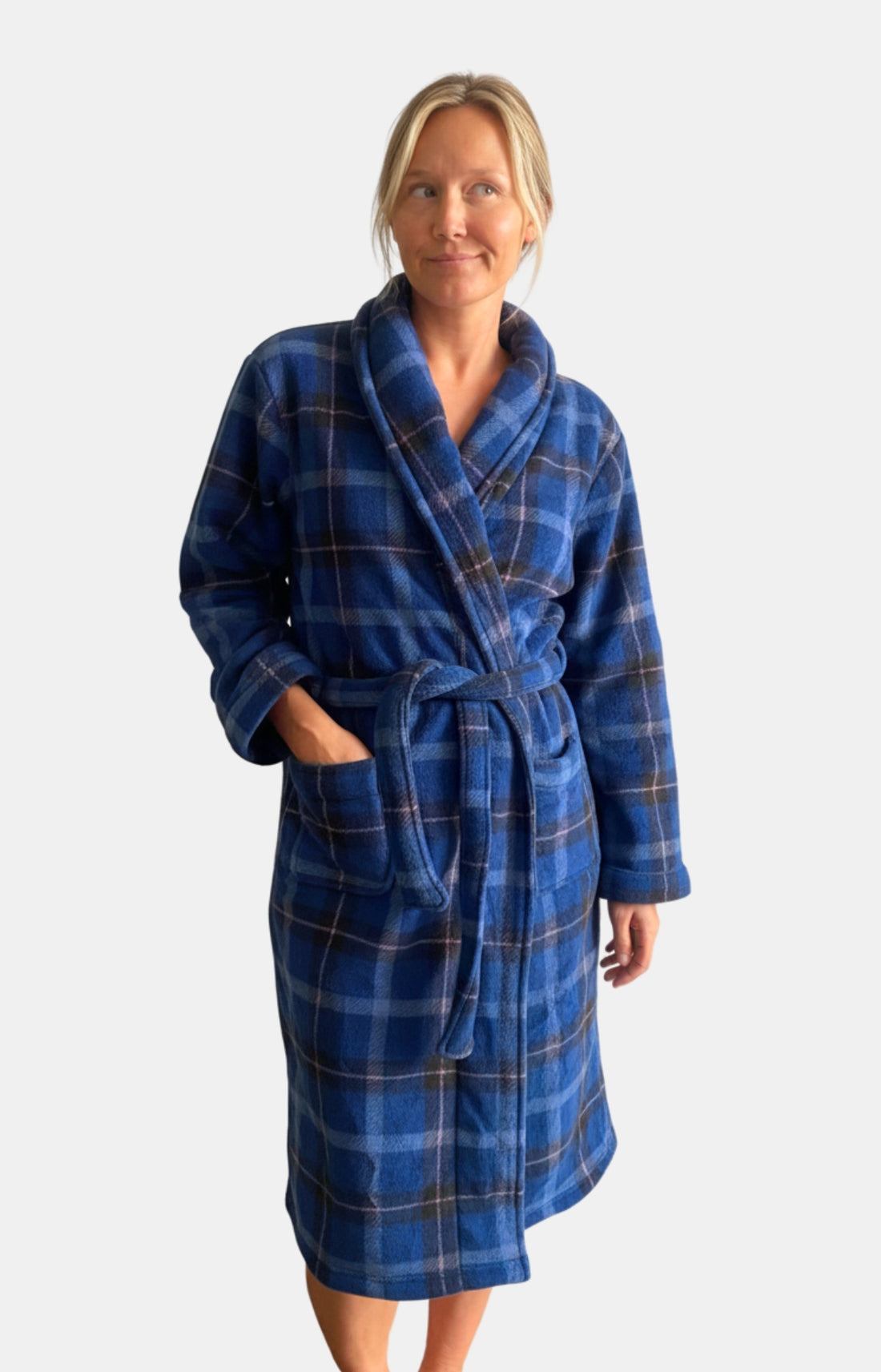 Robe de chambre polaire à carreaux marine et rose femme 1
