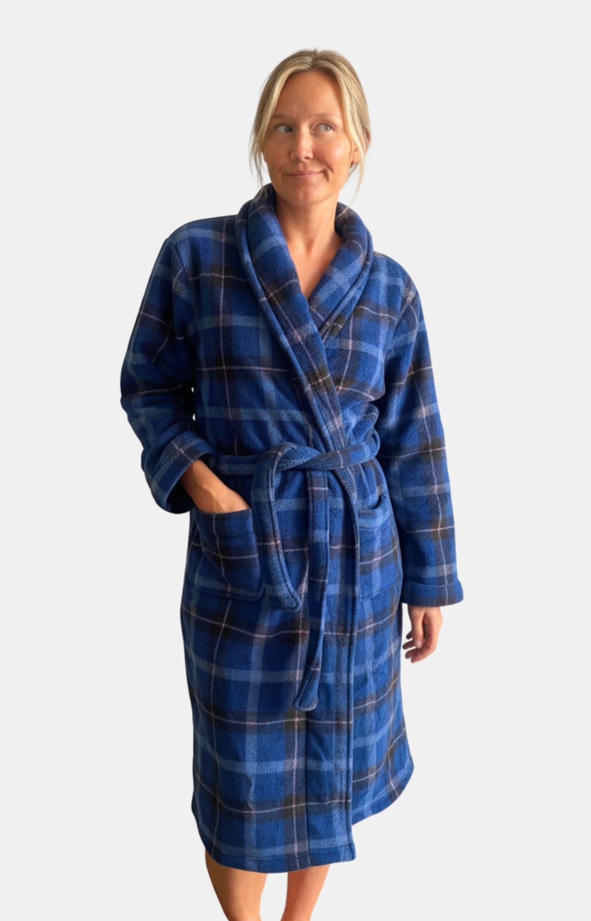Robe de chambre polaire à carreaux marine et rose femme 1