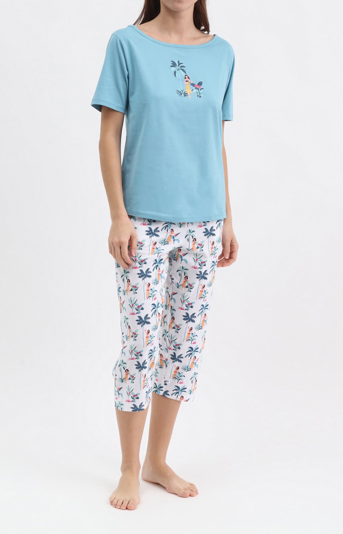 Pyjama Femme Tahiti Imprimé danseuses hawaiiennes et palmiers 1