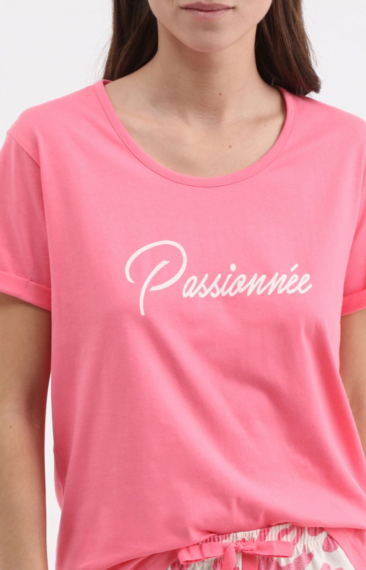 Pyjama Femme Passionnée Imprimé feuillage rose et blanc 2