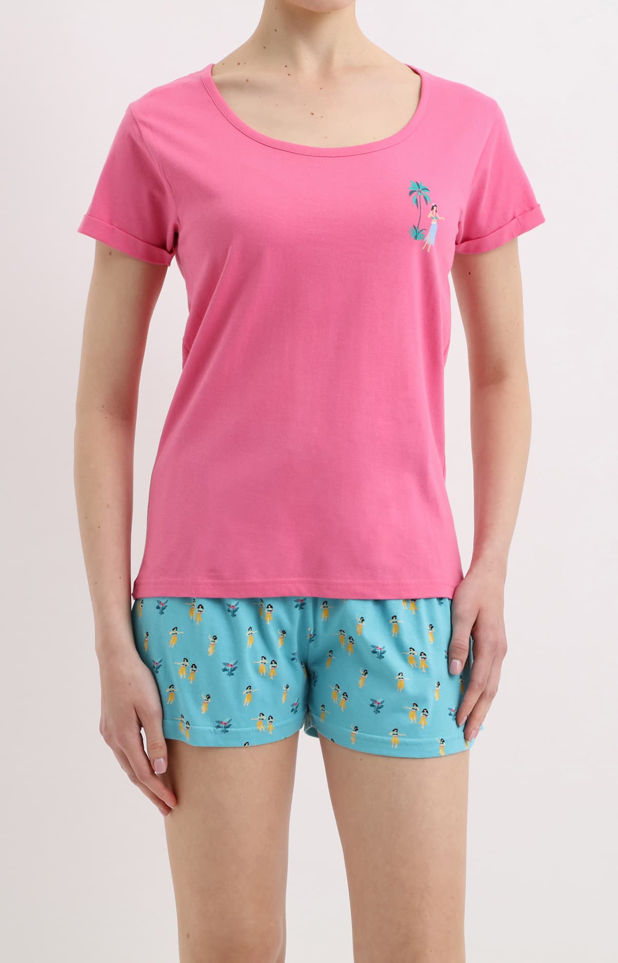 Pyjama short femme tahiti rose et bleu 1