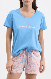 Pyjama Femme Sommeil levant Imprimé illustrations japonnaise bleues et roses 1