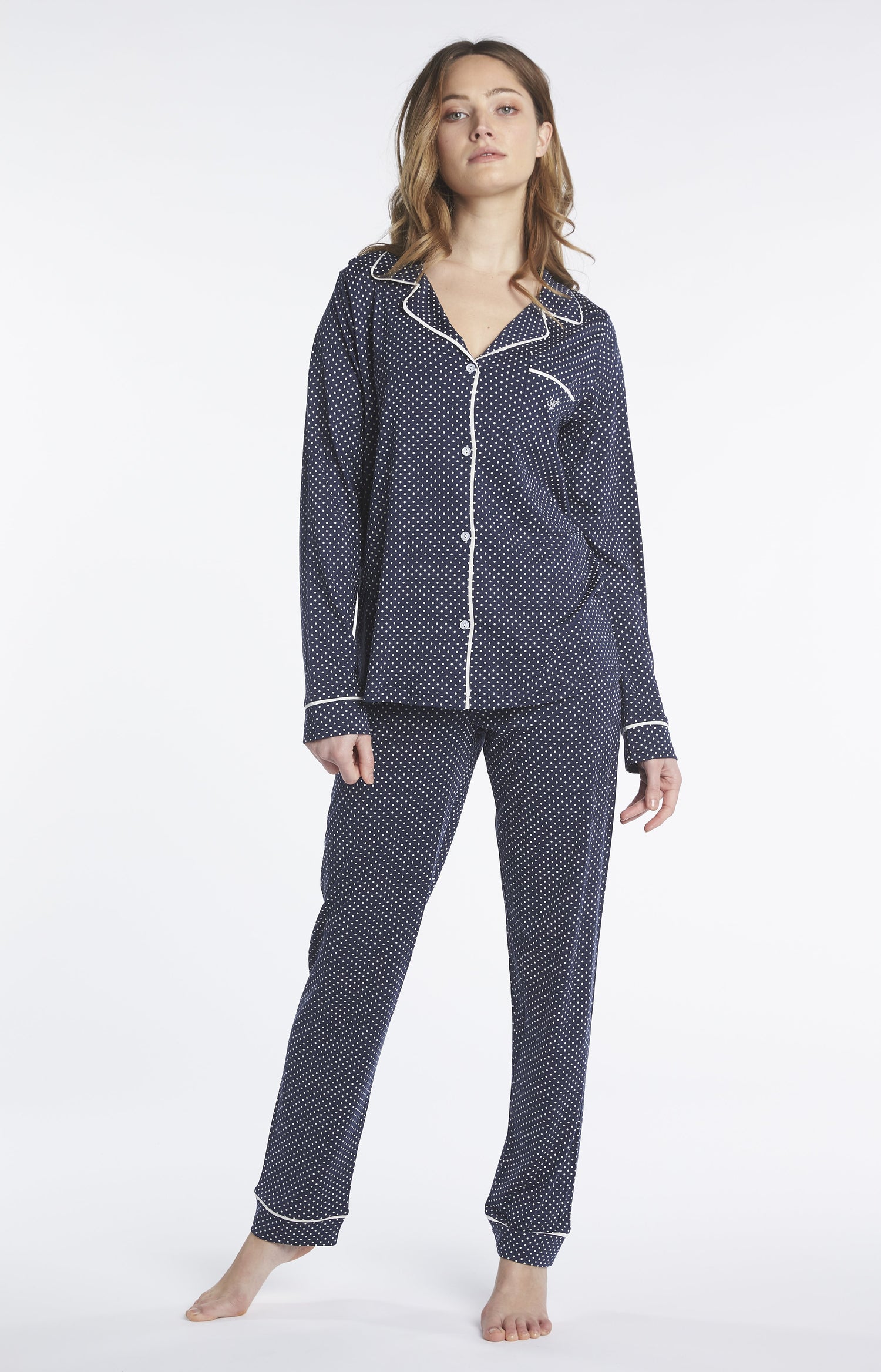 Pyjama long Femme Lyocell Pois Marine 1